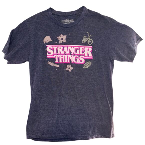 Stranger Things Netflix Graphic Tee Shirt Medium Gray Heather Pink Logo Unisex - Picture 1 of 5